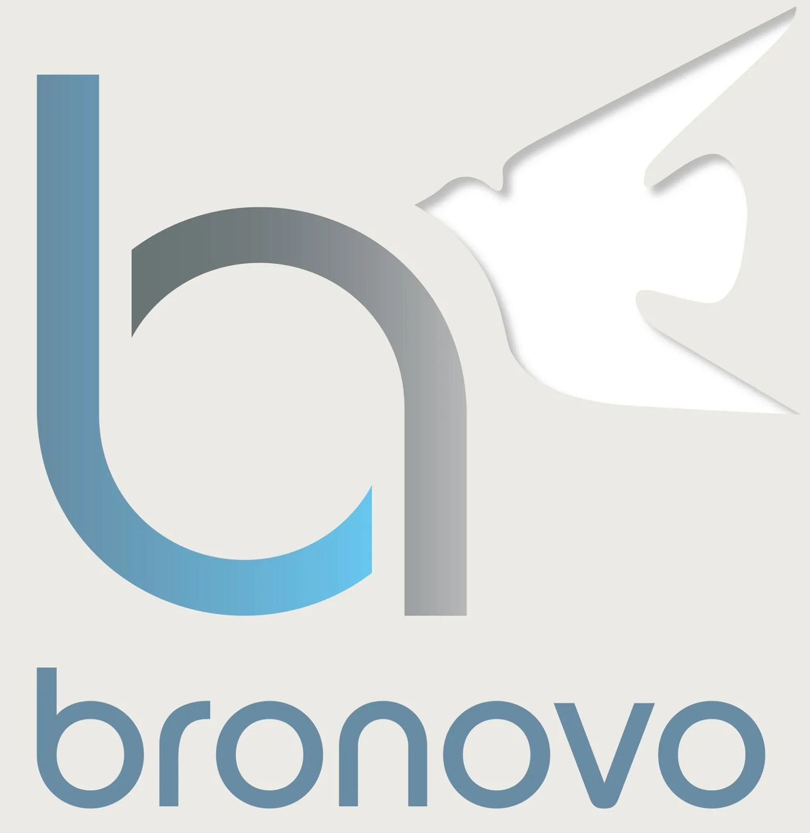 Het Bronovo-logo met een gestileerde blauwgrijze 'b' en 'a' en een witte vogelachtige vorm boven het woord 'Bronovo'.
