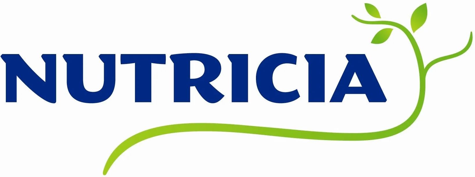 Het Nutricia-logo in blauw met een groen blad en een gebogen lijn.