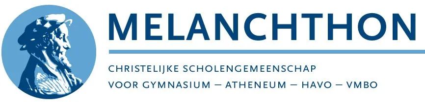 Het logo van de Melanchthon-school met een blauwe wereldbol en de tekst 'Christelijk voortgezet onderwijs en beroepsopleidingen'.