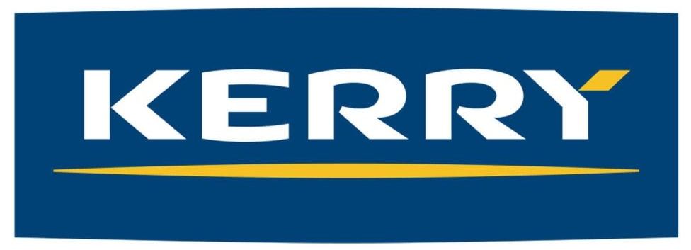 Het logo van Kerry in wit en goud op een blauwe achtergrond.