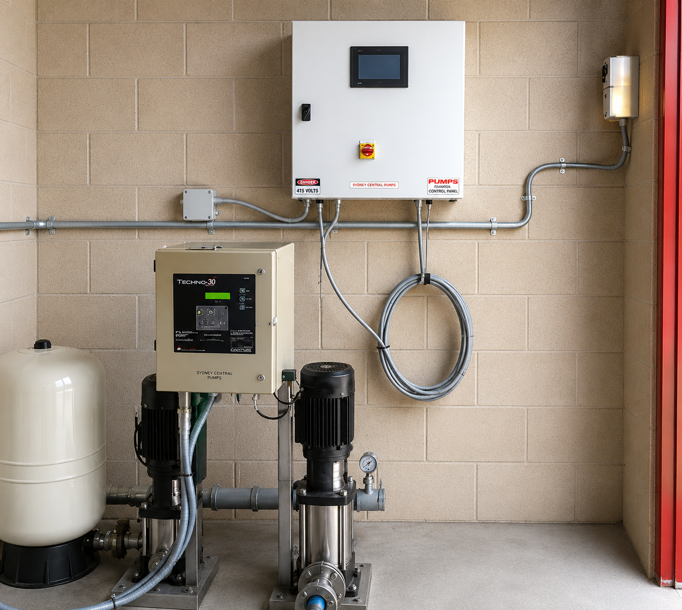 Pump control panel and pressure tank installed in a plant room