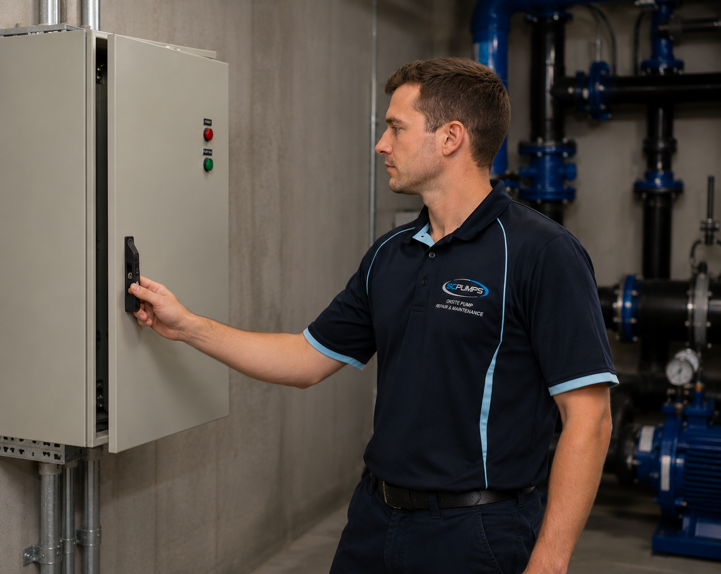 Technician opening a gray electrical control cabinet in an industrial room