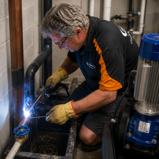 Licensed plumber soldering copper pipework on a pump system