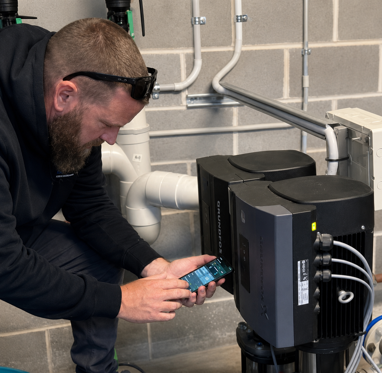 Technician using a phone app to program a Grundfos VSD unit