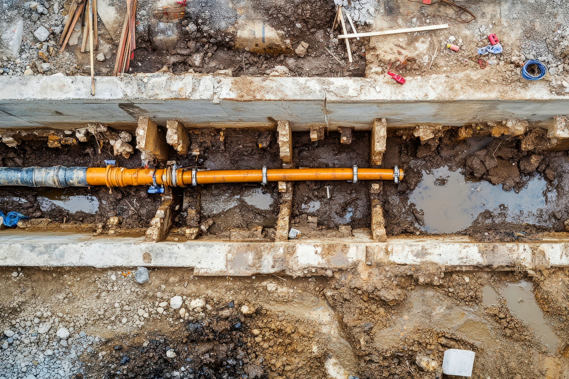 Overhead view of a trench with orange and blue pipes and concrete supports, surrounded by dirt and debris.