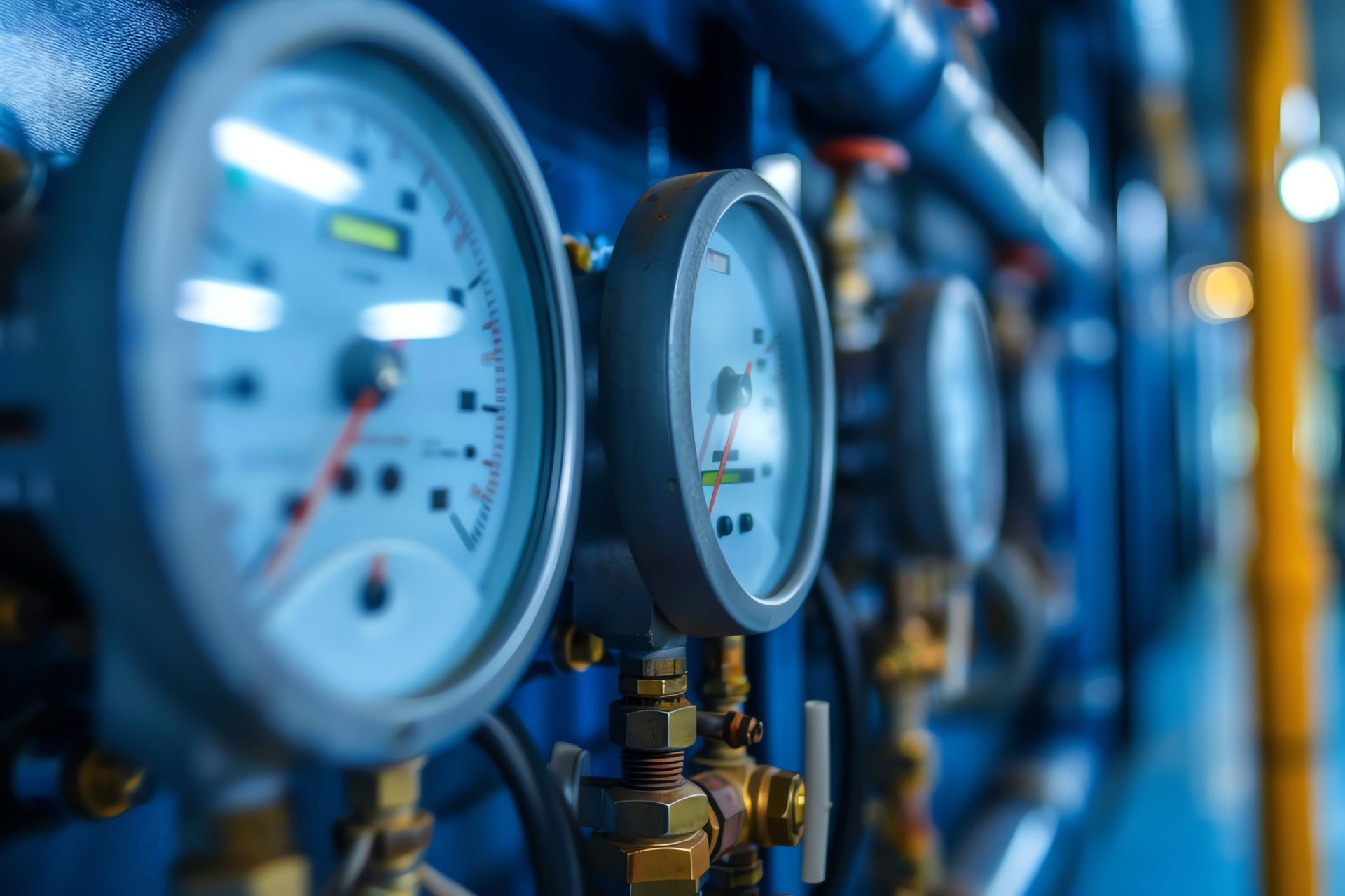Close-up of industrial pressure gauges on pipes, blue and brass colors.