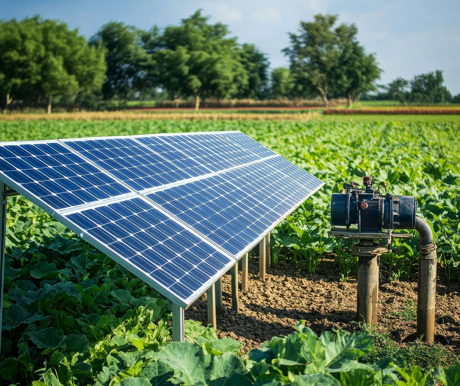 Solar panels next to pump in a green field, trees in the background. Sunny day.