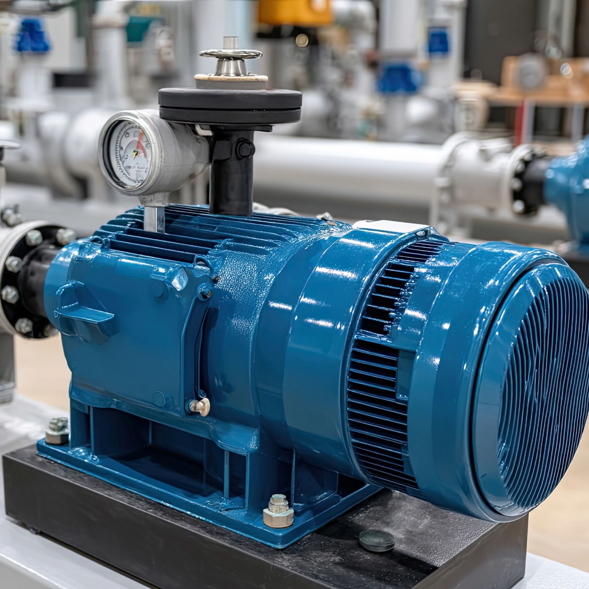 Blue industrial electric motor with pressure gauge, mounted on a black base.