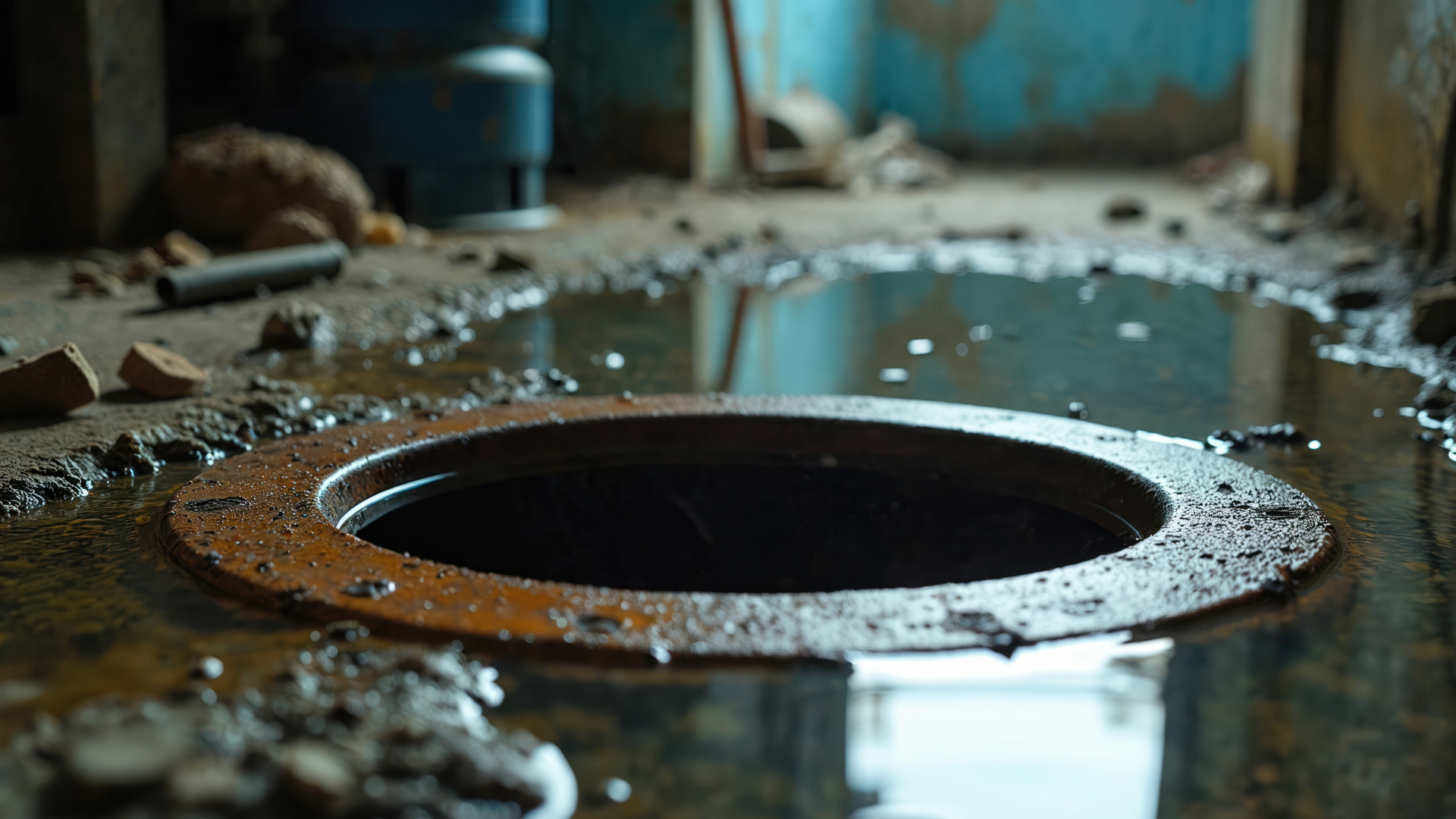 Rusty circular drain hole in a dirty, water-covered industrial floor with debris scattered around
