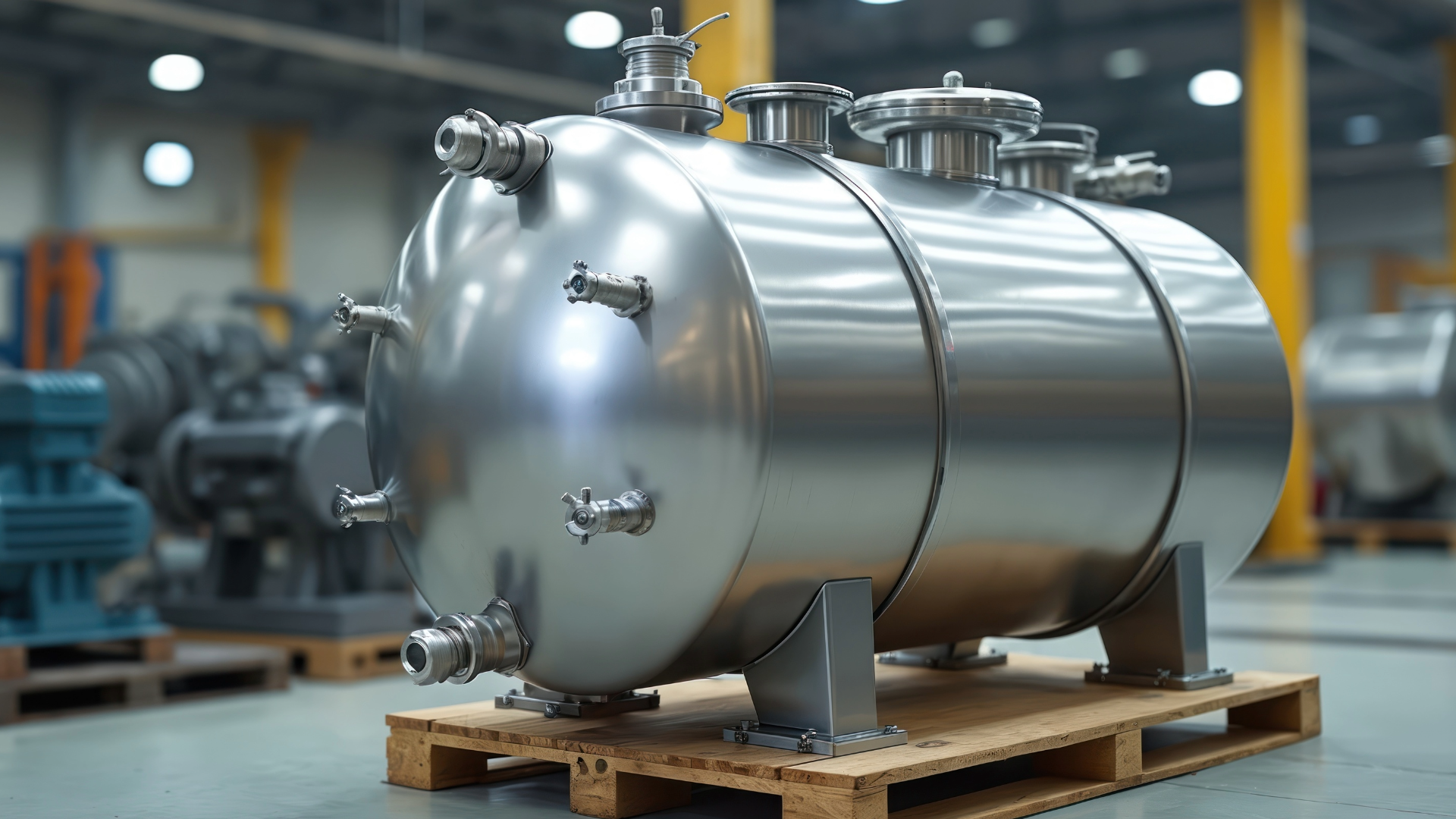 Stainless steel industrial tank on a wooden pallet in a factory setting