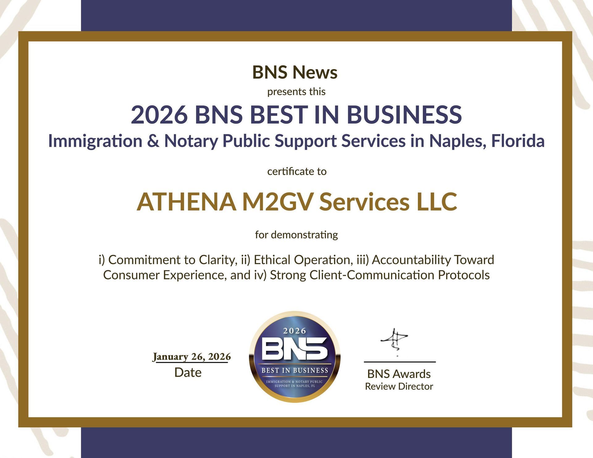 Award certificate: BNS Best in Business for Athena M2GV Services LLC, Naples, Florida, 2026. Gold border, blue accents.