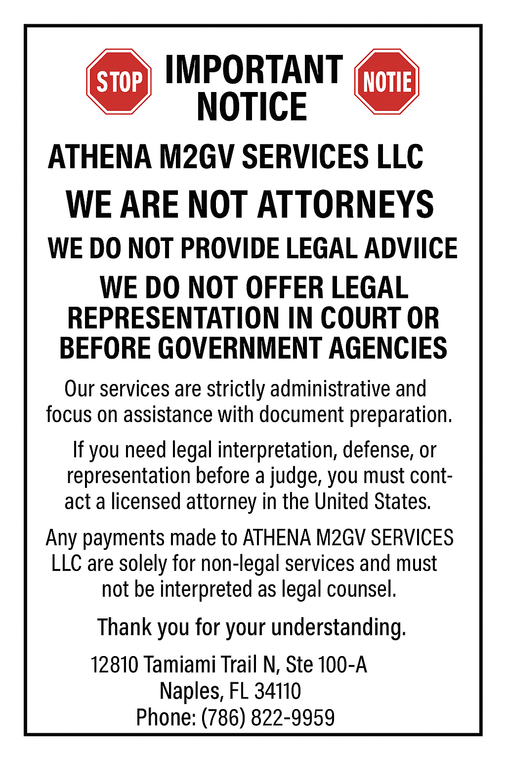 Notice from Athena M2GV Services LLC: they are not attorneys and do not provide legal advice or representation.