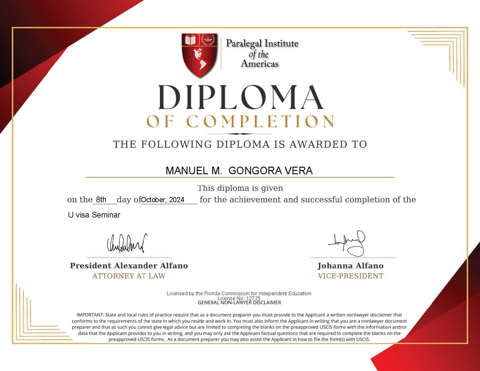 Diploma of completion awarded to Manuel M. Ocnora Vera. Certificate with signatures and institution's logo in red and gold.
