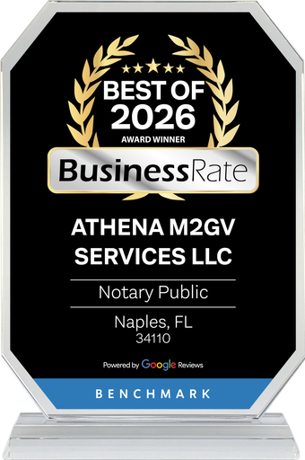 Award certificate: BNS Best in Business for Athena M2GV Services LLC, Naples, Florida, 2026. Gold border, blue accents.
