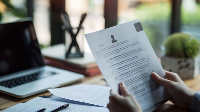 Hands holding a resume; laptop, pens, and a plant on a desk in the background.