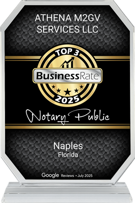 Athena M2GV Services LLC Top 3 Notary Public award, Naples, Florida, 2025, on a clear acrylic trophy.