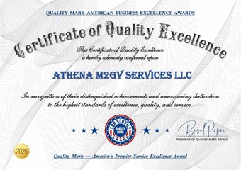 Certificate of Quality Excellence awarded to Athena M2GV Services LLC, featuring text and a seal.