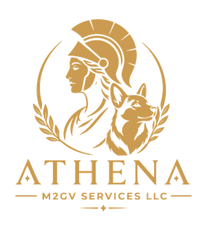 Athena M2gv Services LLC Logo for Athena M2GV Services LLC: scales of justice within a wheat and olive branch wreath.