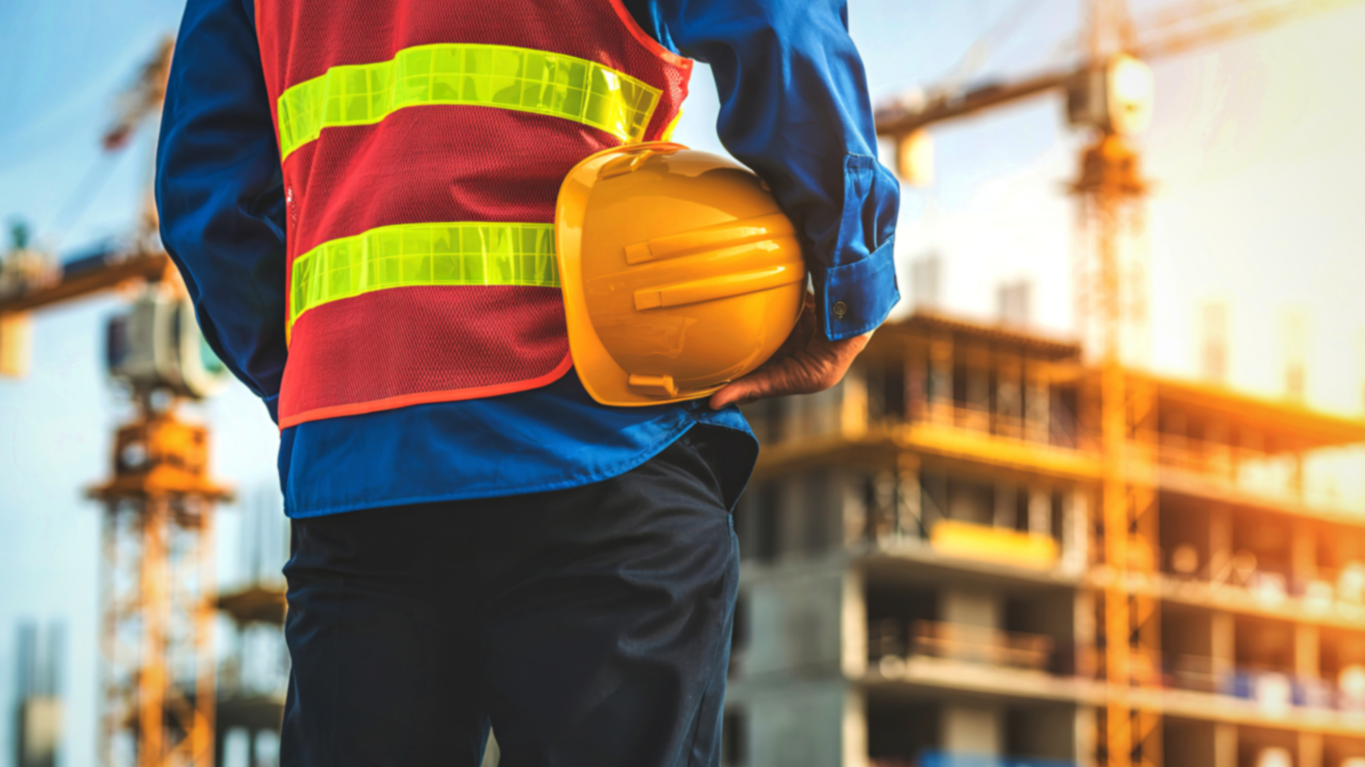 Construction worker in orange vest, holding yellow hard hat, with building under construction and cranes in the background.