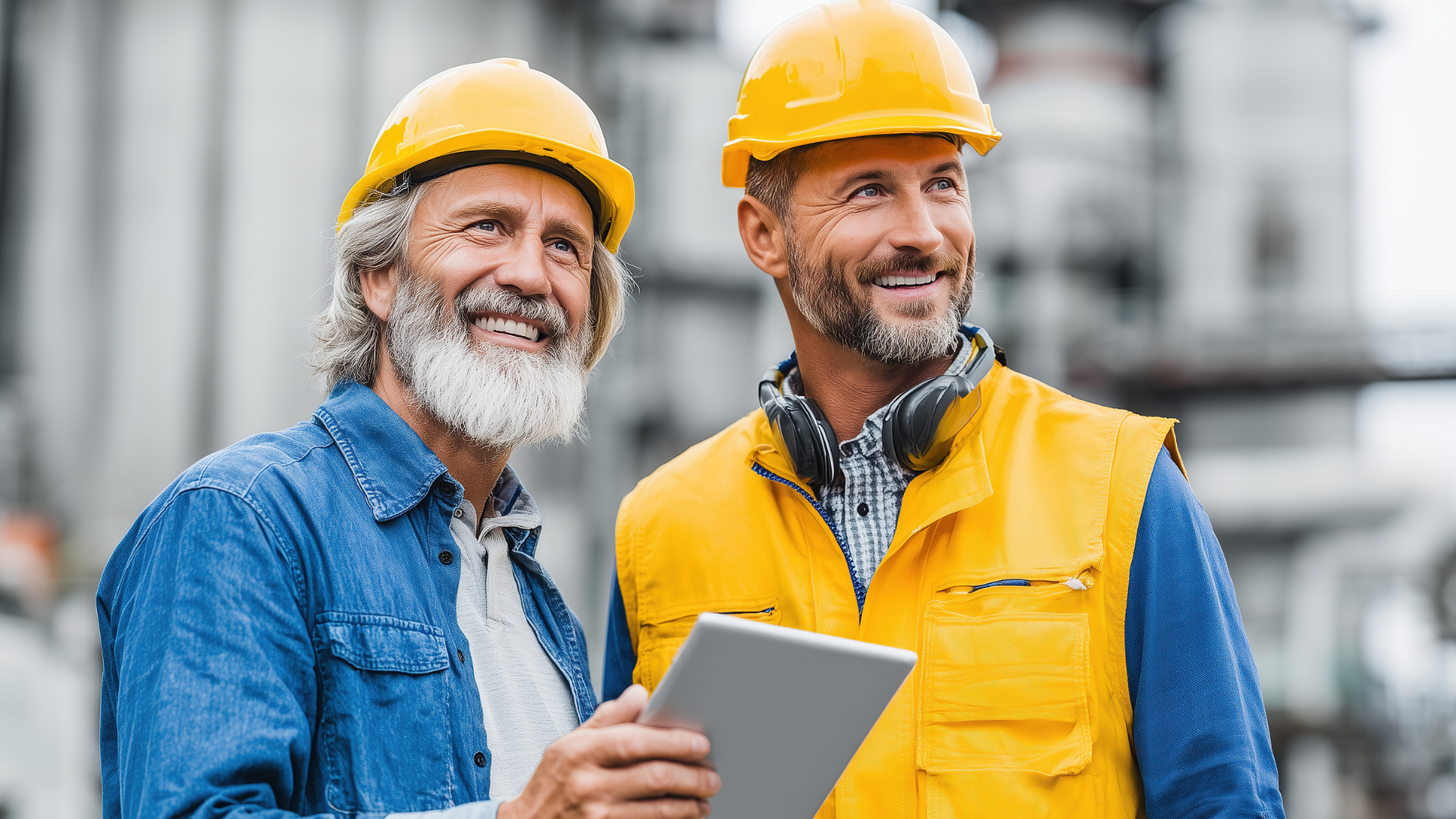 Two men in hard hats and vests smile, looking off-camera. One holds a tablet, near industrial machinery.