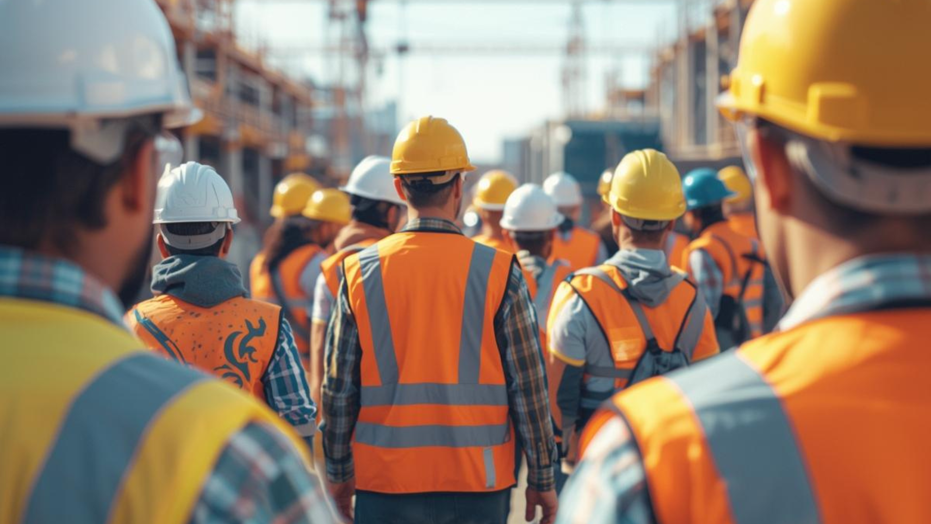Construction workers wearing hard hats and safety vests walking on a construction site.