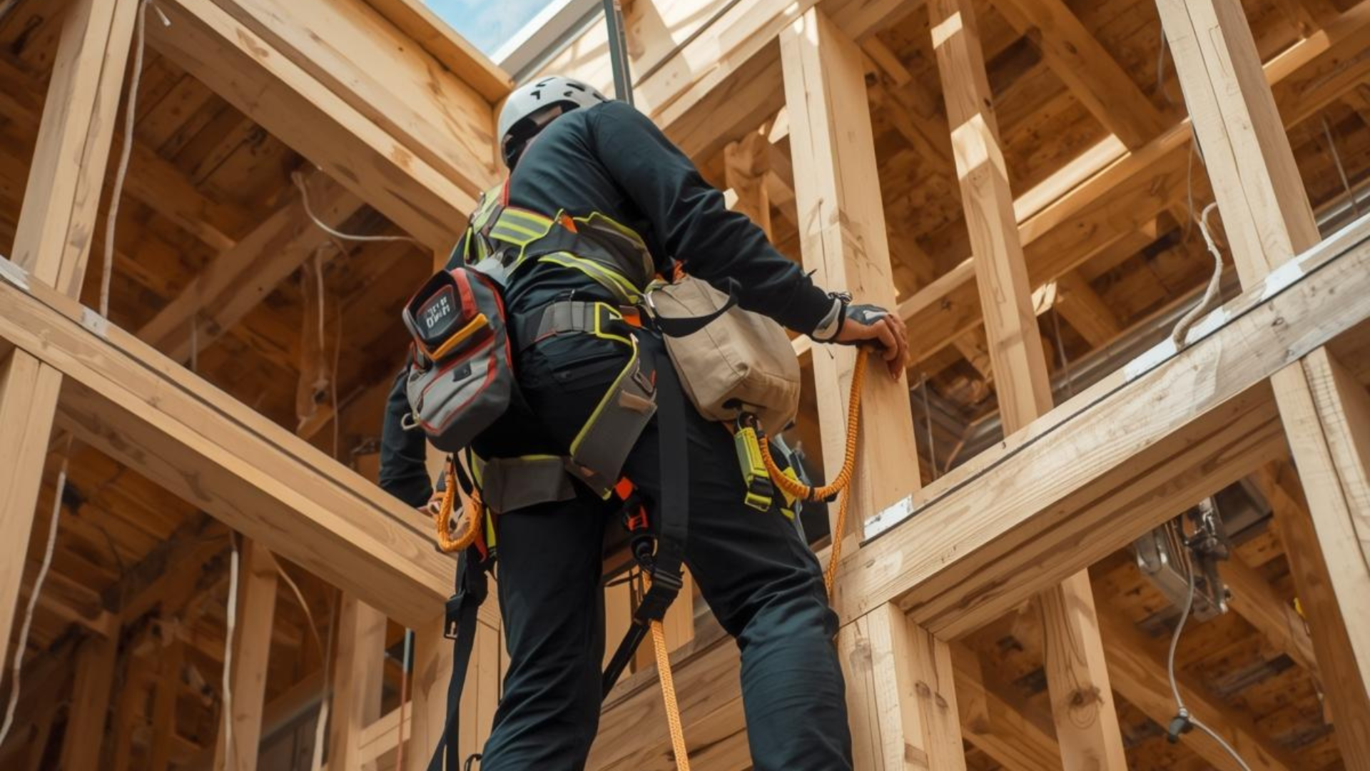 Construction worker in safety harness at wooden framing site.