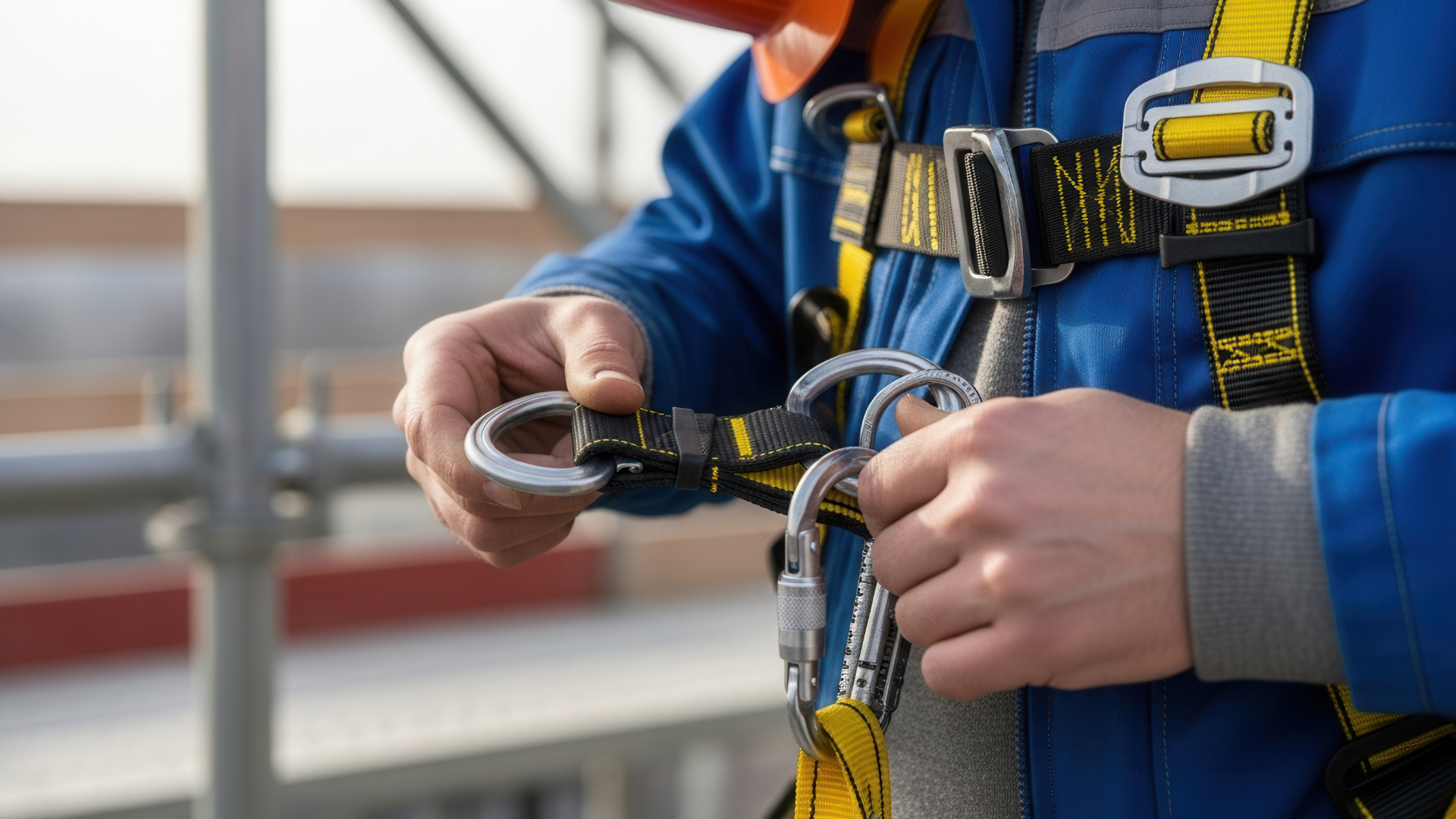 Person in blue workwear attaching a carabiner to a safety harness on a construction site.