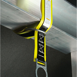 Yellow safety strap looped around a metal beam, securing a hanging black strap and ring