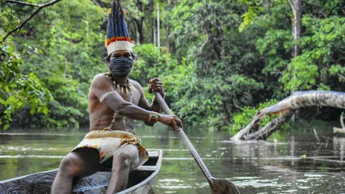 Dos canoas de madera atracadas en la orilla tranquila de un río, frente a un frondoso bosque tropical