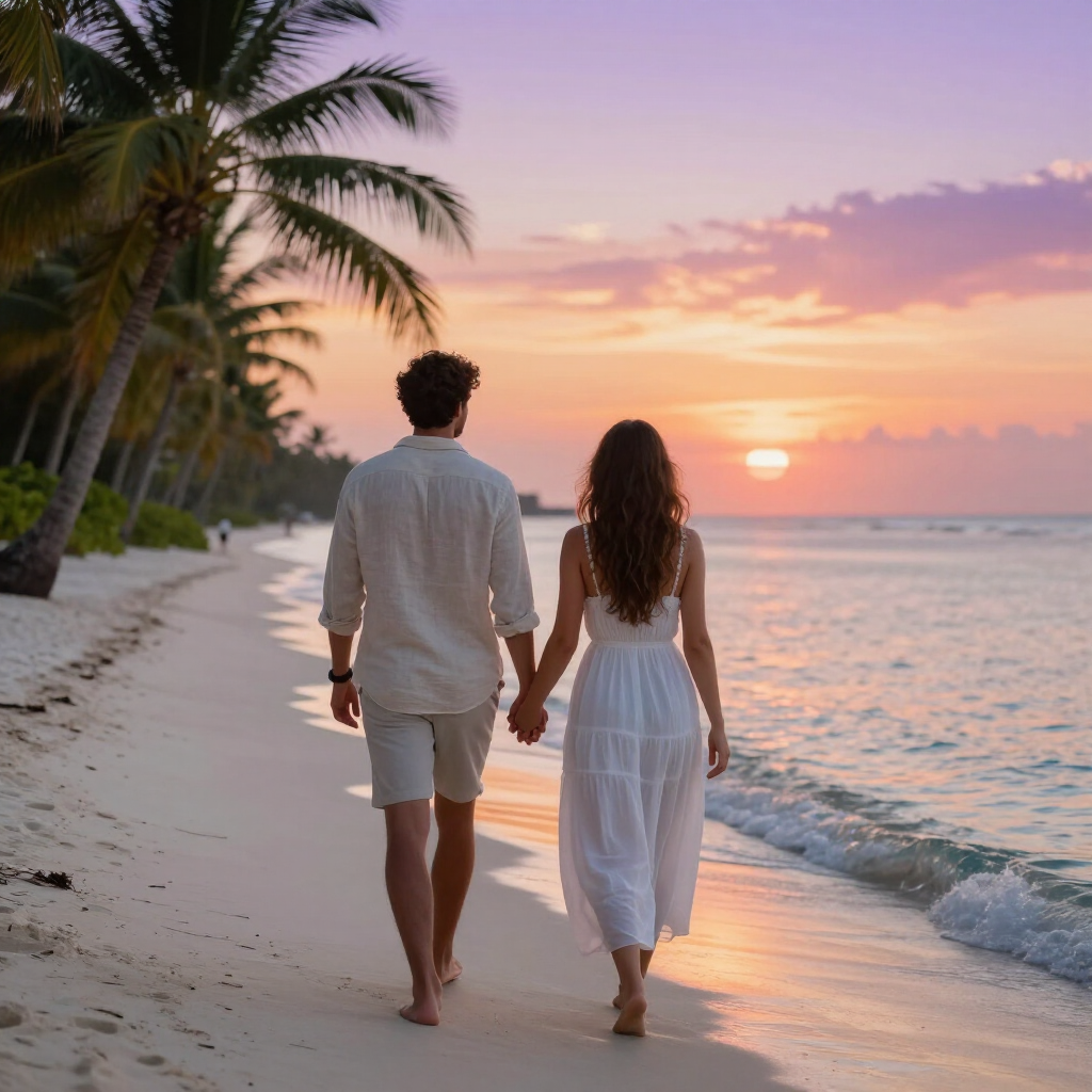 Una pareja camina de la mano por una playa tropical al atardecer, con palmeras que bordean la orilla junto al océano.