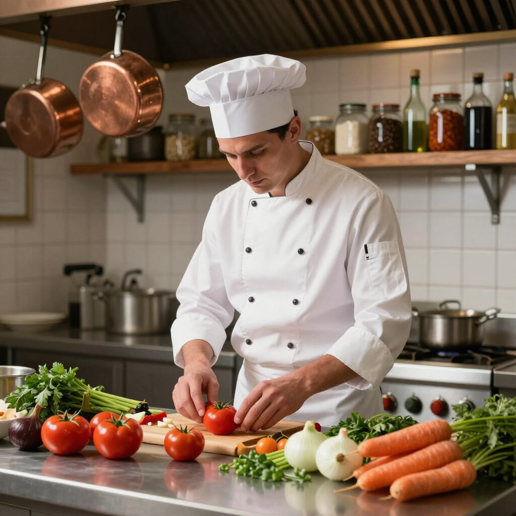Un chef con uniforme blanco prepara verduras frescas sobre una tabla de cortar en una cocina profesional.