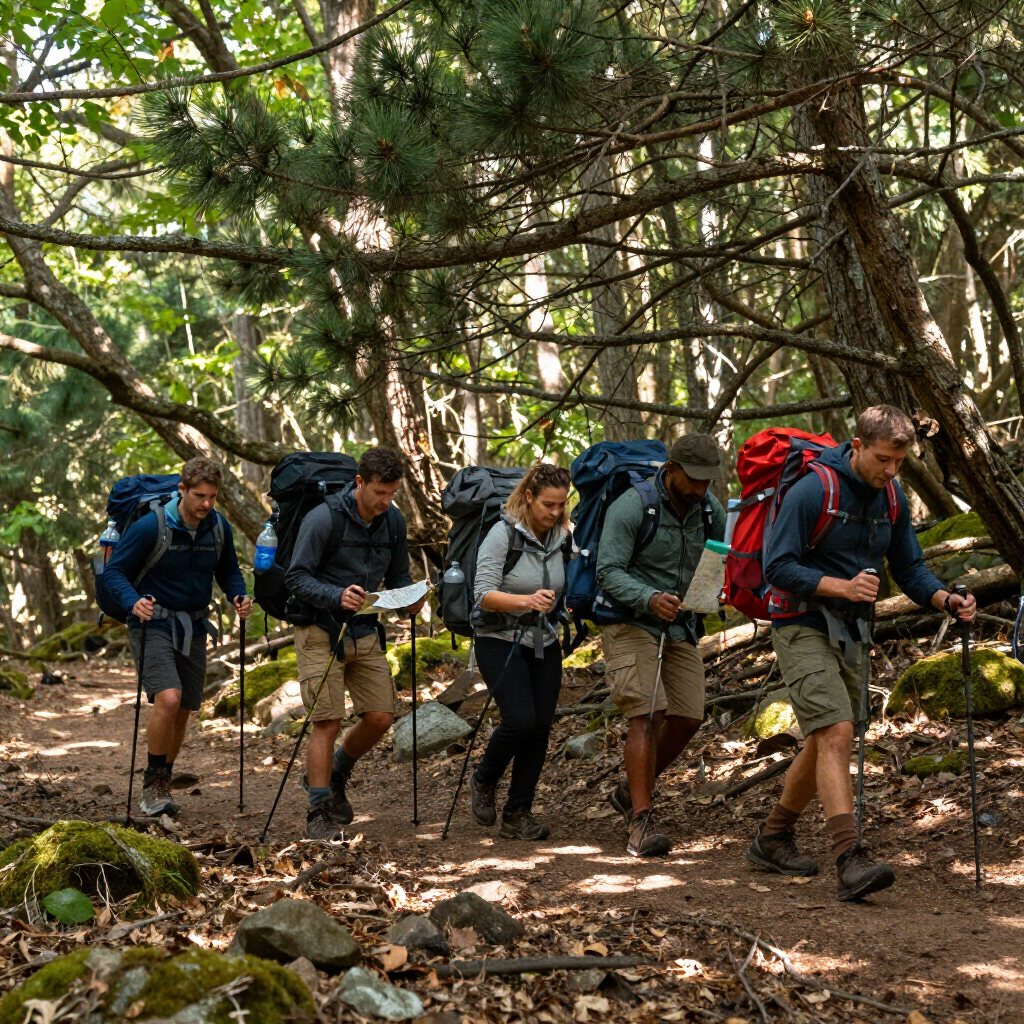 Un grupo de cuatro excursionistas con grandes mochilas camina por un sendero sombreado en el bosque
