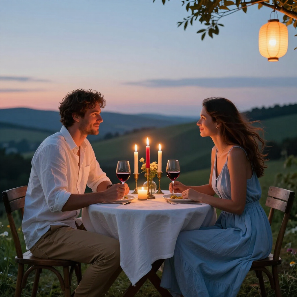 Una pareja comparte una romántica cena a la luz de las velas en una pequeña mesa al aire libre