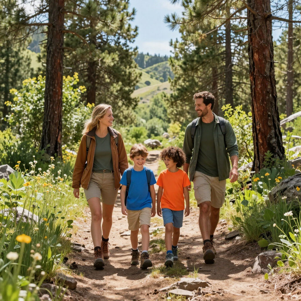 Una familia de cuatro personas camina por un sendero forestal iluminado por el sol, rodeada de vegetación