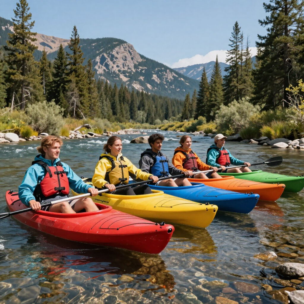 Cinco personas reman en kayaks de colores brillantes río abajo, rodeadas de pinos y picos rocosos bajo un cielo azul.