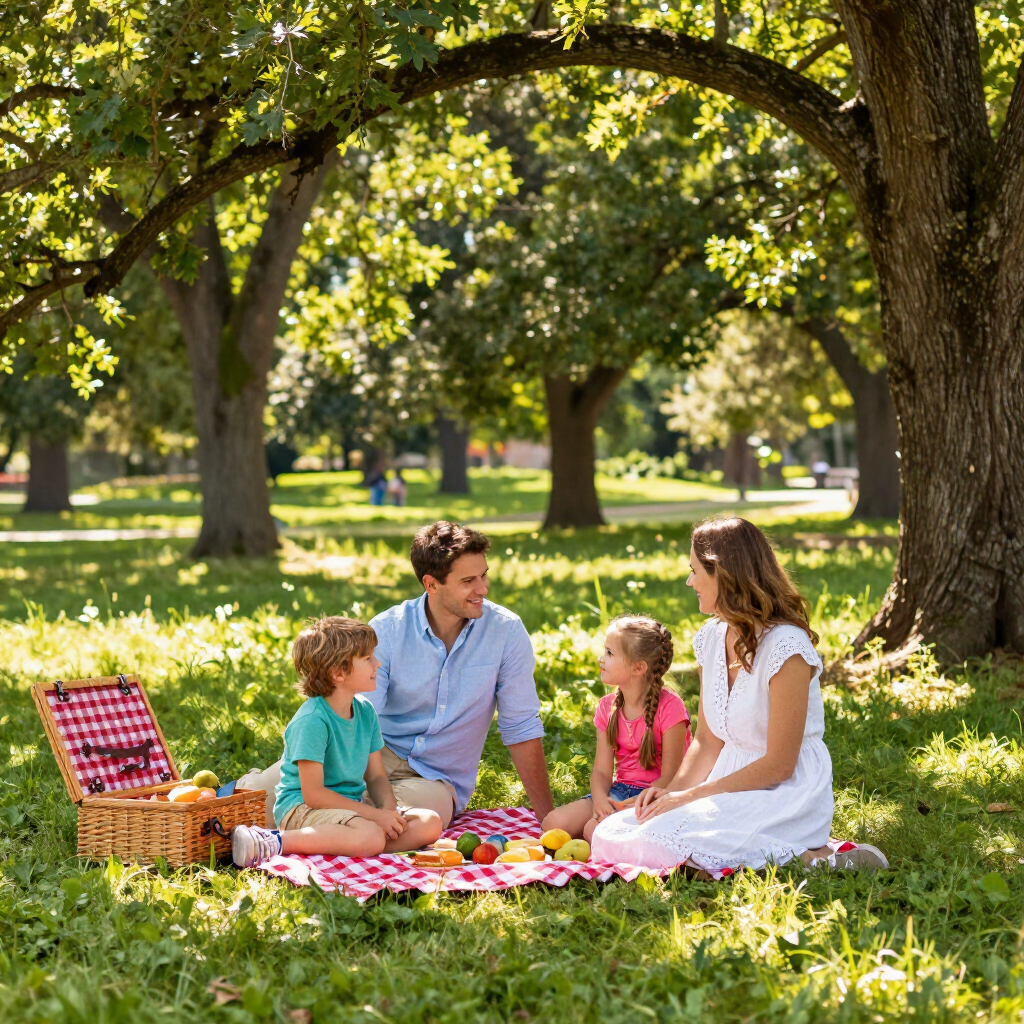 Una familia disfruta de un picnic sobre una manta a cuadros rojos y blancos bajo un gran árbol