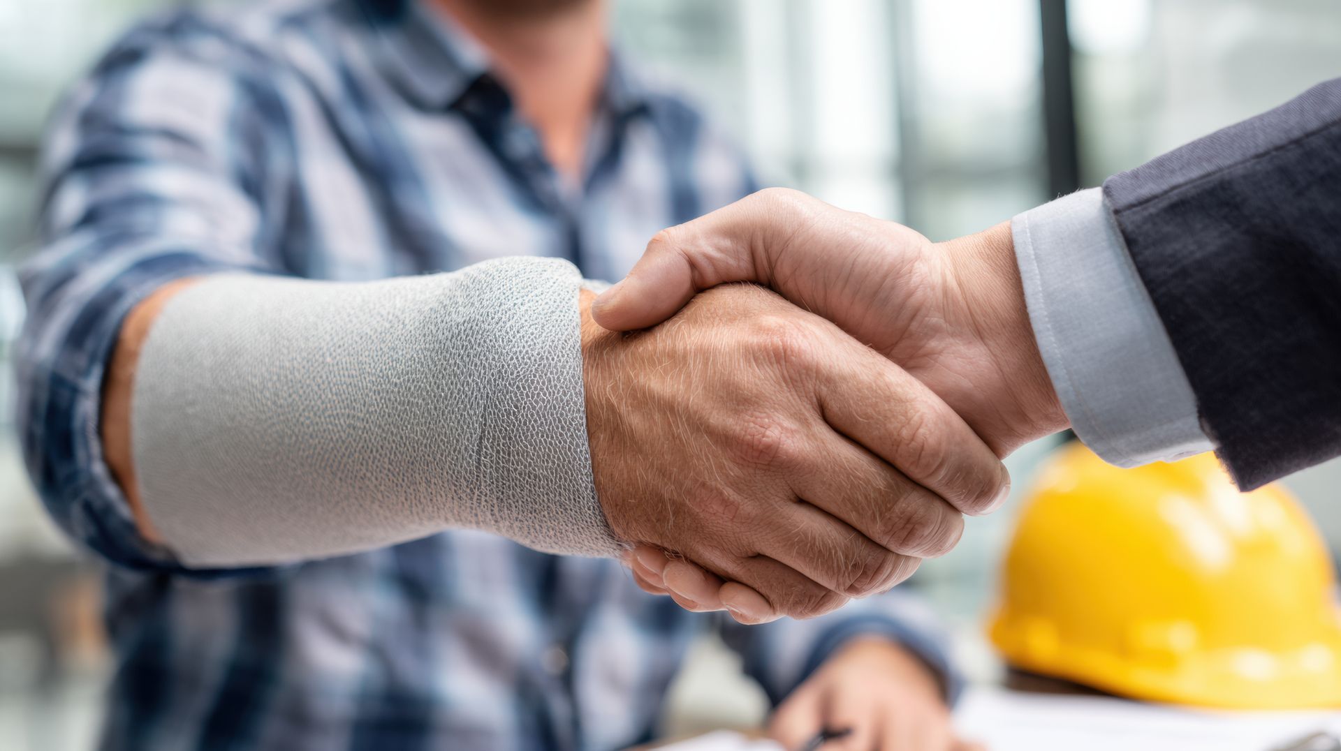 Personal injury attorney shaking hands with an injured client after discussing accident case options.] 