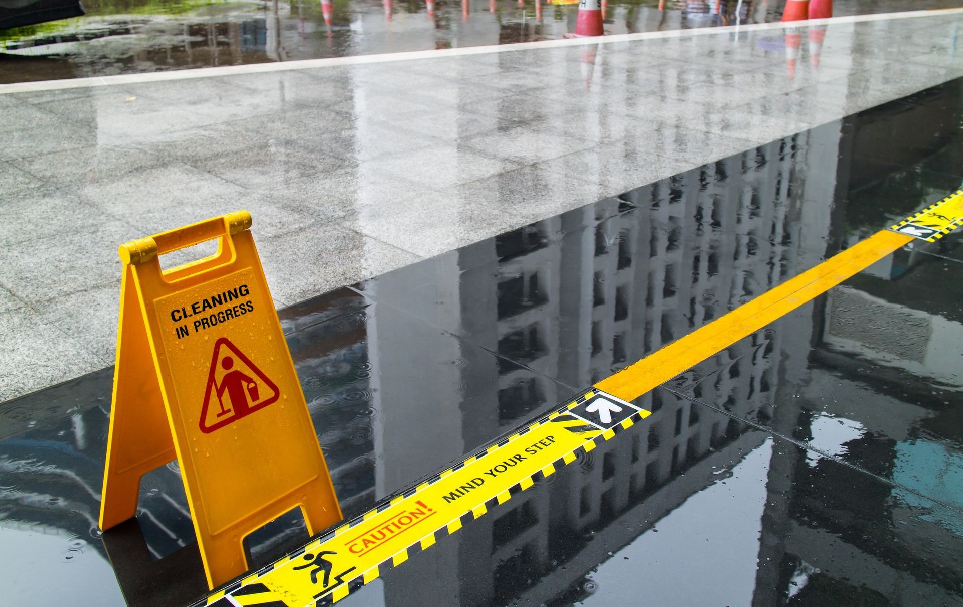 Sign showing warning of caution wet floor at Weathers Law Firm LLC in Myrtle Beach, SC