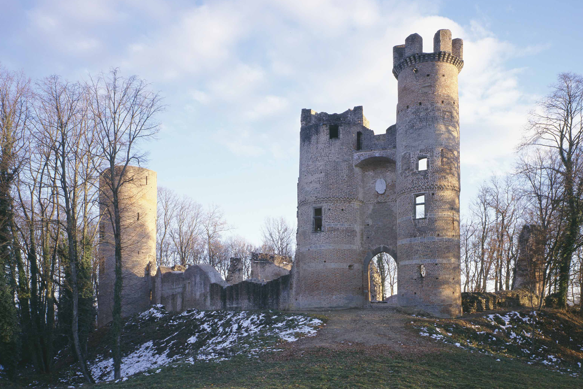 Un château entouré d'arbres et de neige sur une colline