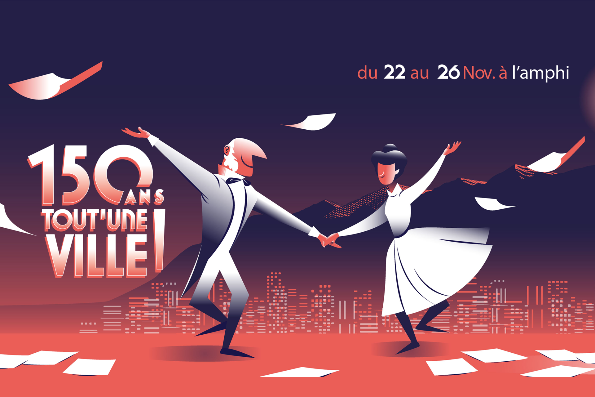 Un homme et une femme dansent devant les toits de la ville.