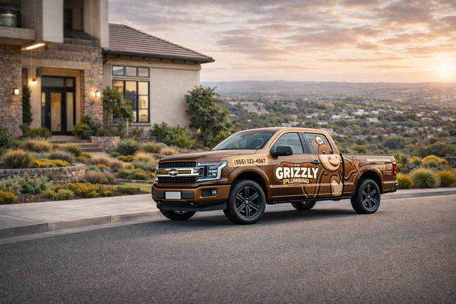 A brown pickup truck branded