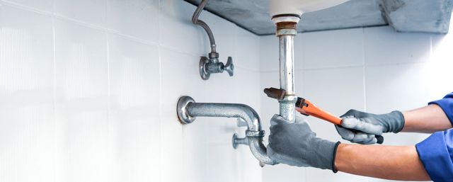 A plumber wearing work gloves uses a pipe wrench to tighten a metal pipe beneath a bathroom sink.