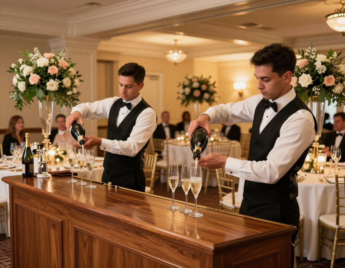 Professional bartenders pouring champagne at an elegant Michigan wedding reception staffed by Great Lakes Party Professionals