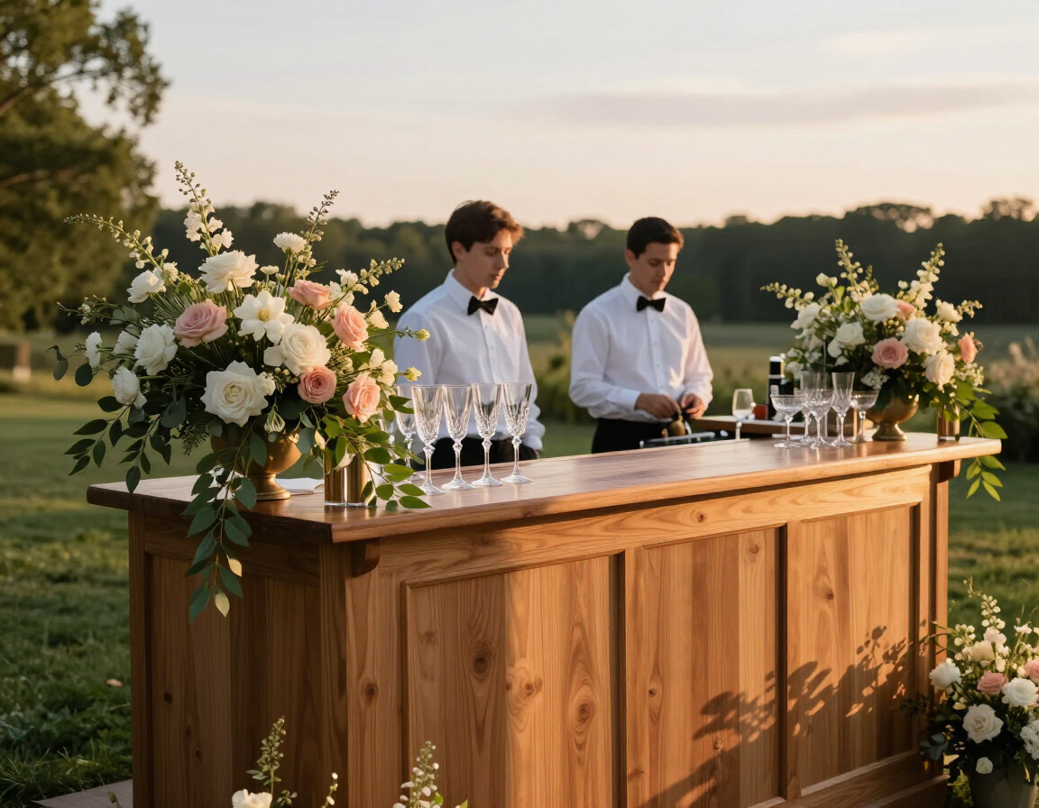 Portable bar station with floral arrangements at an outdoor Michigan wedding ceremony, Great Lakes Party Professionals