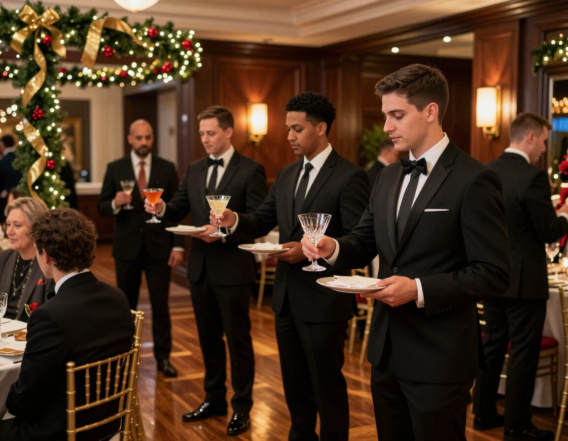 Staff serving cocktails at a corporate holiday gala with festive decor in a Michigan event center, Great Lakes Party Professionals