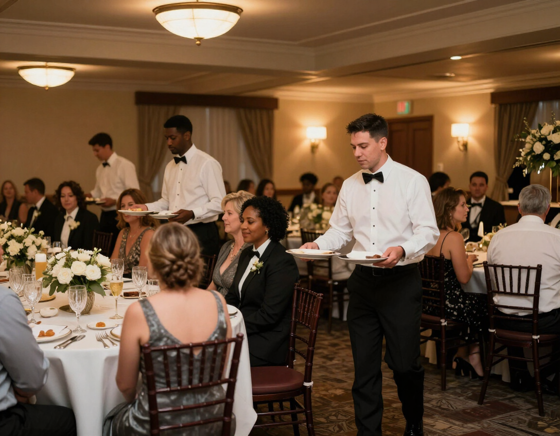 Waitstaff serving a seated wedding dinner at a Michigan banquet hall, Great Lakes Party Professionals event staffing