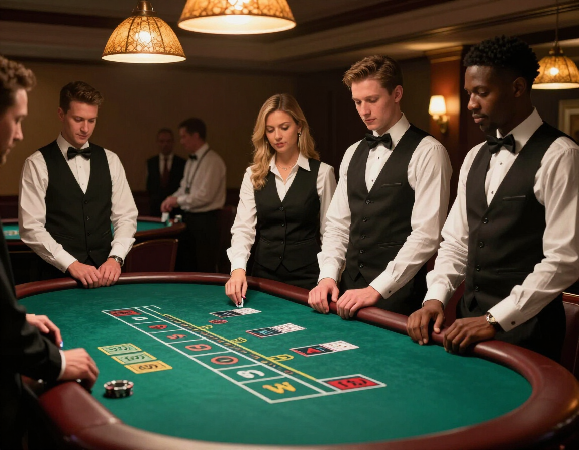Casino dealers in uniform at a felt-covered blackjack table under warm event lighting, Michigan casino night event staffing