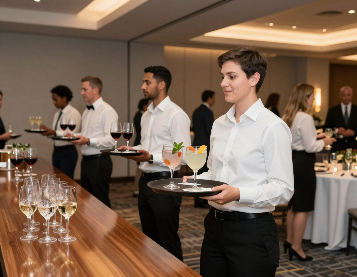 Catered corporate cocktail hour in a polished Michigan conference center, professional event staffing by Great Lakes Party Professionals