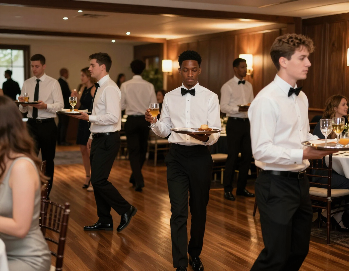 Professional waitstaff circulating with trays at an indoor private celebration in Michigan, Great Lakes Party Professionals event staffing