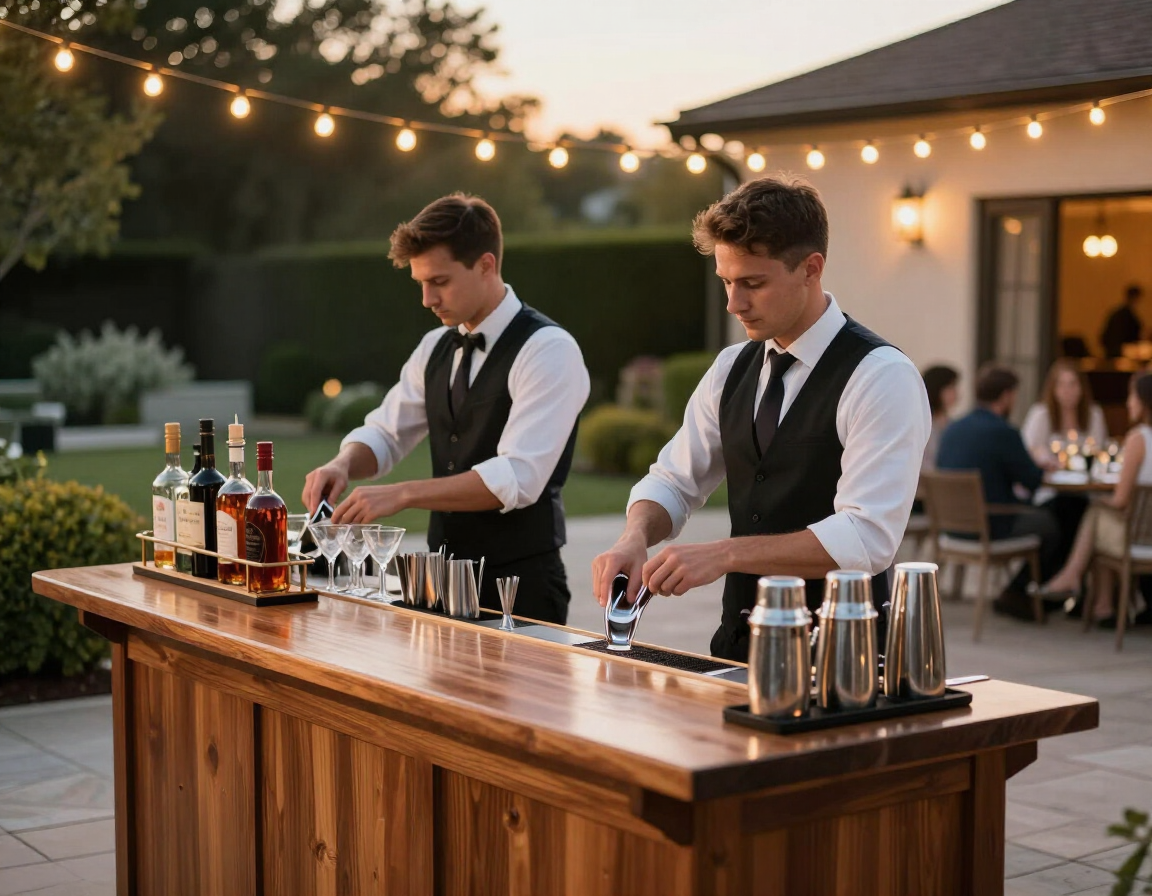 Bartenders working a portable bar at an upscale Metro Detroit backyard private party event staffed by Great Lakes Party Professionals